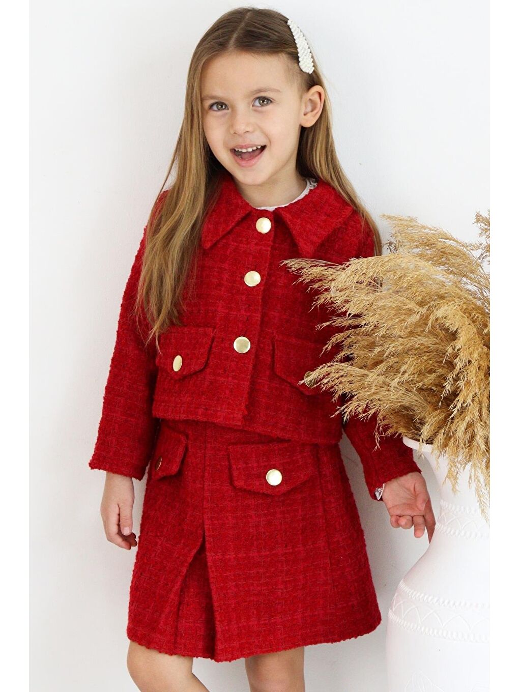 Kız Çocuk Kırmızı Carmen Tüvit 23 Nisan Bayram Etek Ceket Yılbaşı Takım-1