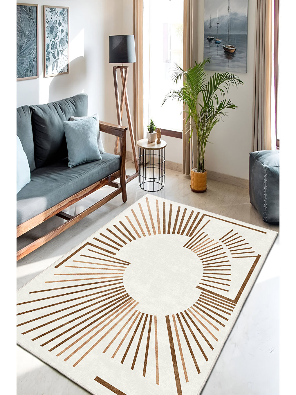 Ekru Dekoratif Özel Tasarım Yıkanabilir İnce Kaymaz Tabanlı Modern Halı KECE FR48-1