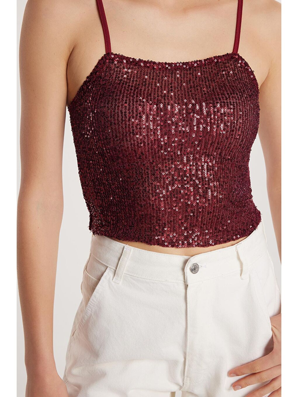 Kadın Slim Fit Dar Kesim Bordo Sıfır Kol U Yaka Bluz-2