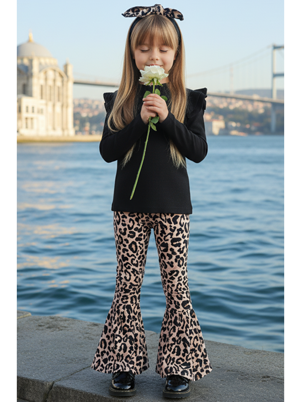 Siyah Kız Çocuk Leopar İspanyol Uzun Kollu Alt Üst Bandana Takım-1