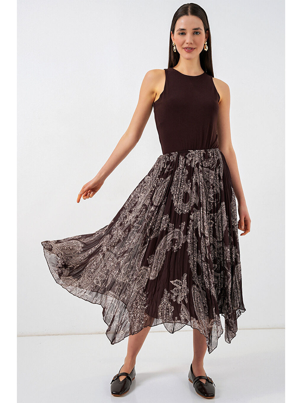 Kadın Asimetrik Tül Şifon Etek 8061 - Kahverengi