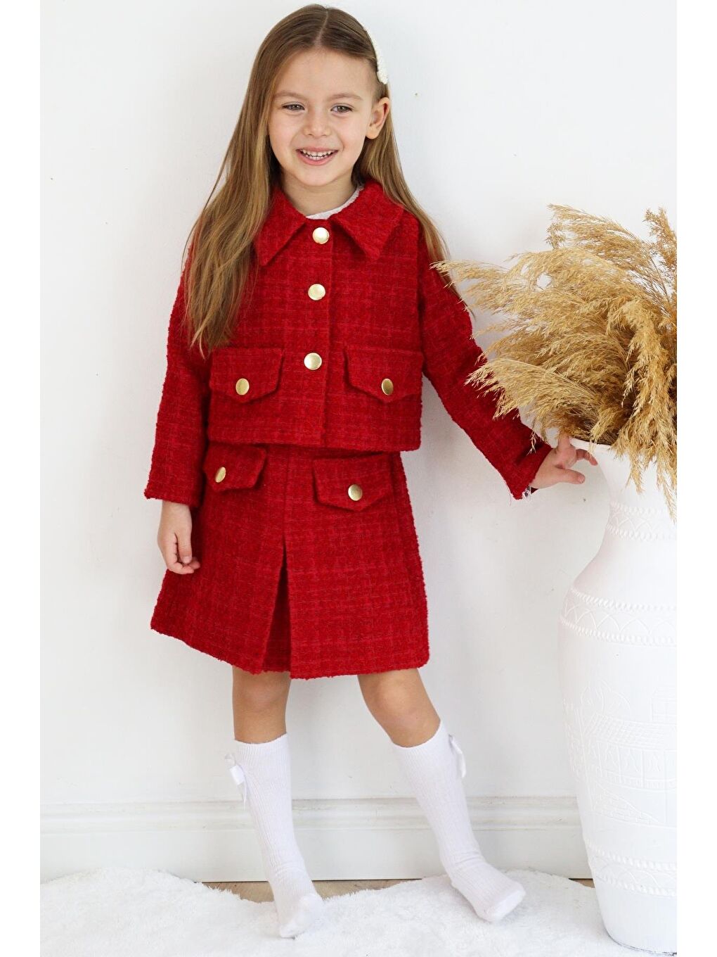 Kız Çocuk Kırmızı Carmen Tüvit 23 Nisan Bayram Etek Ceket Yılbaşı Takım-2