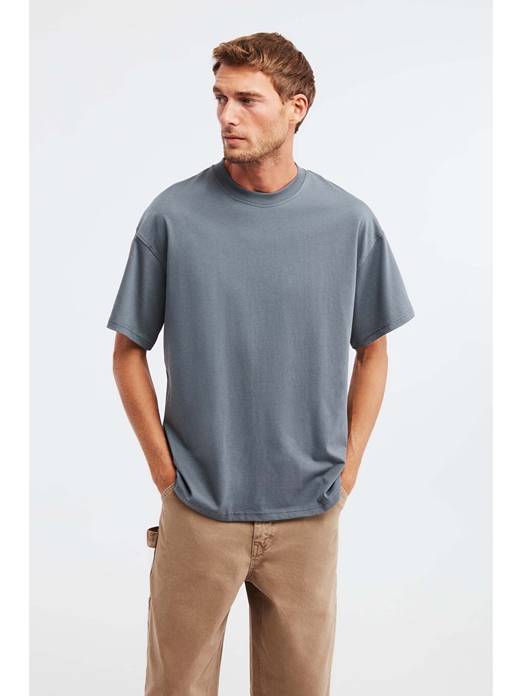 Jett Erkek Oversize Fit %100 Organik Pamuk Kalın Dokulu Bisiklet Yakalı Açık Gri T-shirt-3