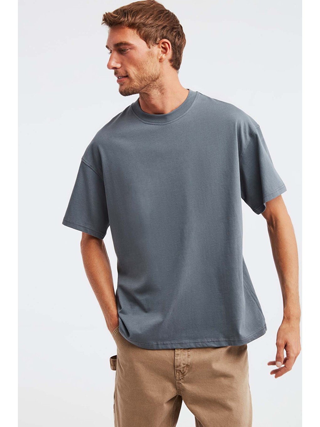 Jett Erkek Oversize Fit %100 Organik Pamuk Kalın Dokulu Bisiklet Yakalı Açık Gri T-shirt-4