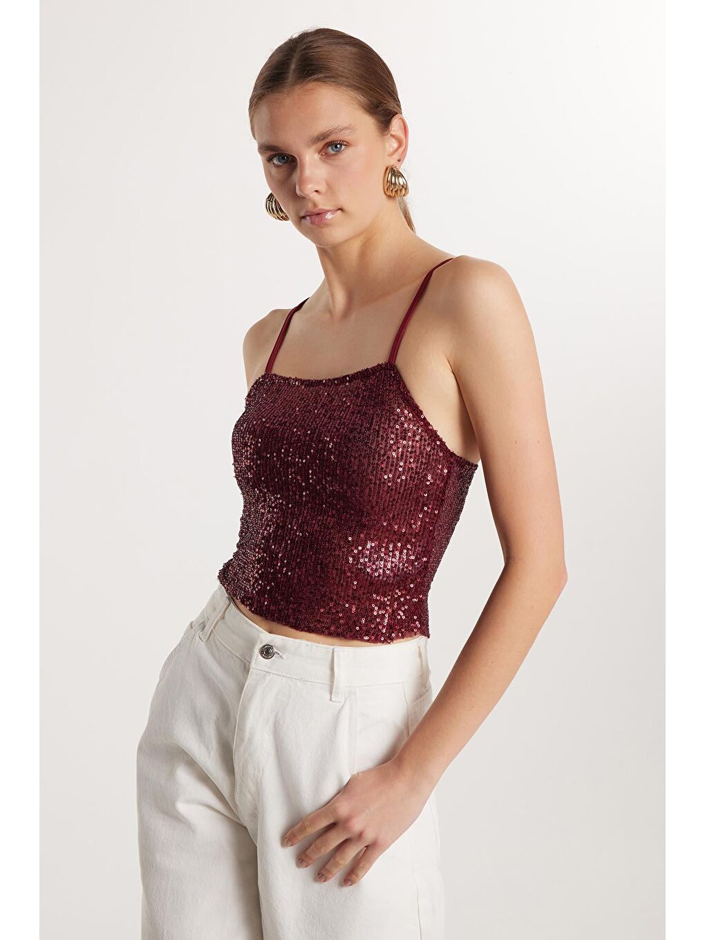 Kadın Slim Fit Dar Kesim Bordo Sıfır Kol U Yaka Bluz-3