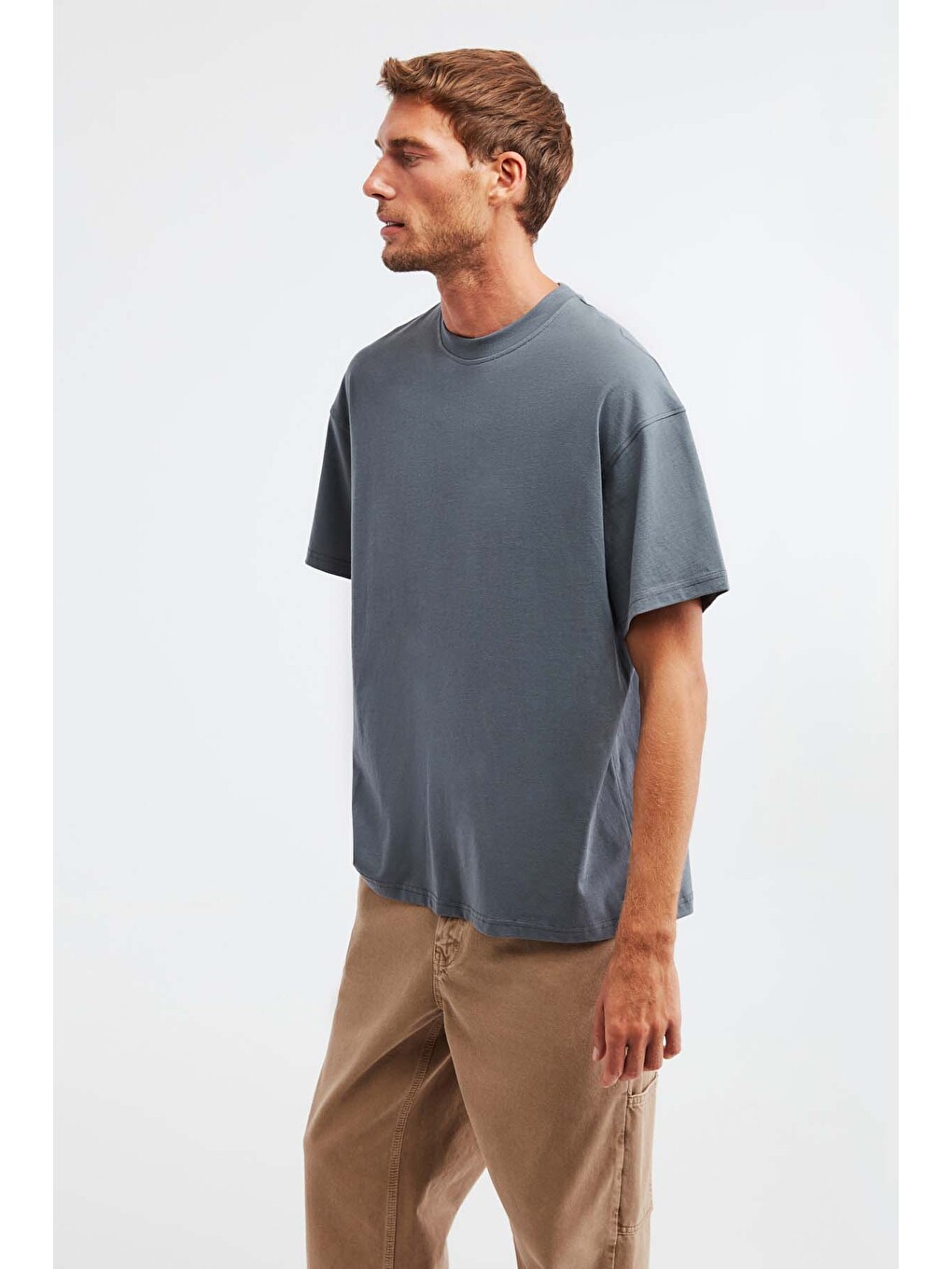 Jett Erkek Oversize Fit %100 Organik Pamuk Kalın Dokulu Bisiklet Yakalı Açık Gri T-shirt-5