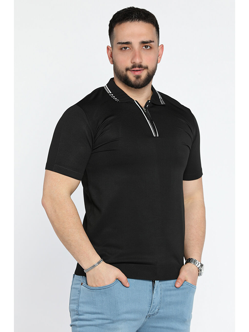 Siyah Erkek Yarım Fermuarlı Polo Yaka Triko Tişört