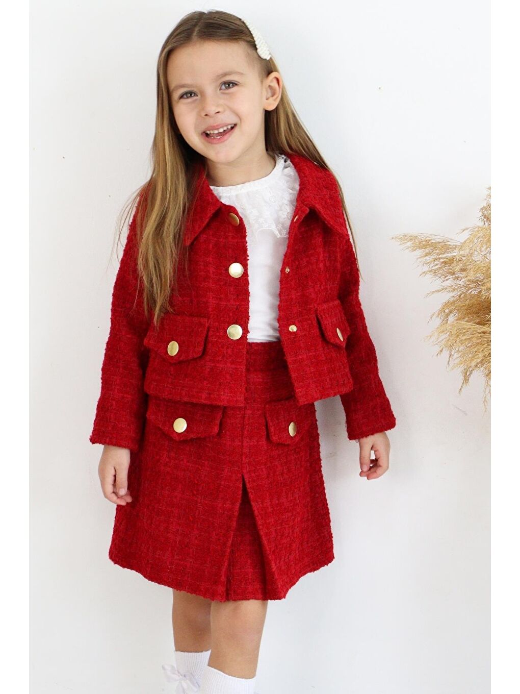 Kız Çocuk Kırmızı Carmen Tüvit 23 Nisan Bayram Etek Ceket Yılbaşı Takım-4
