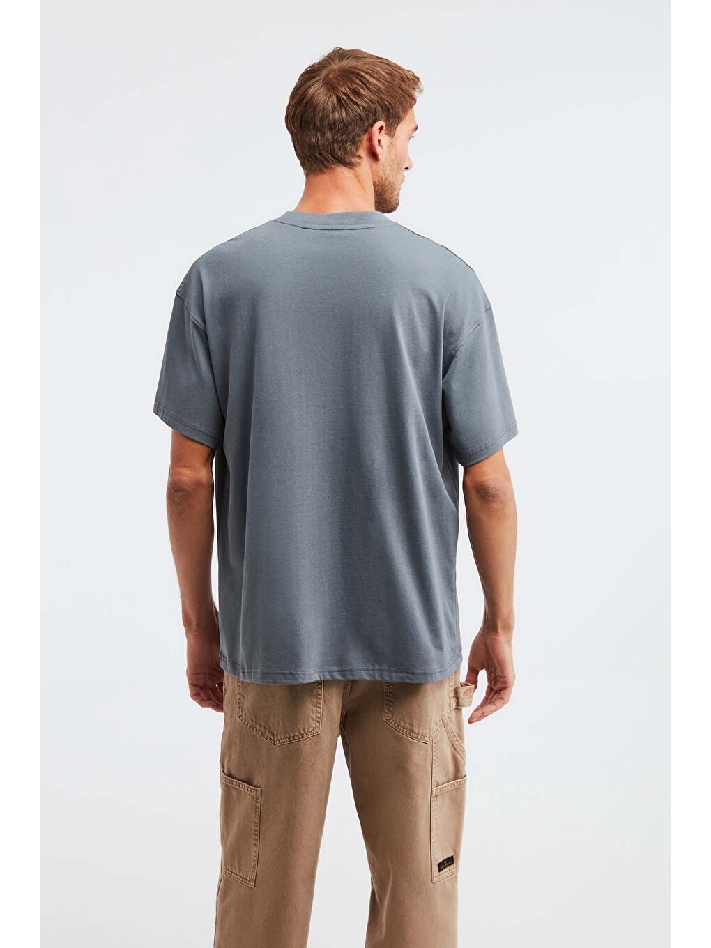 Jett Erkek Oversize Fit %100 Organik Pamuk Kalın Dokulu Bisiklet Yakalı Açık Gri T-shirt-6
