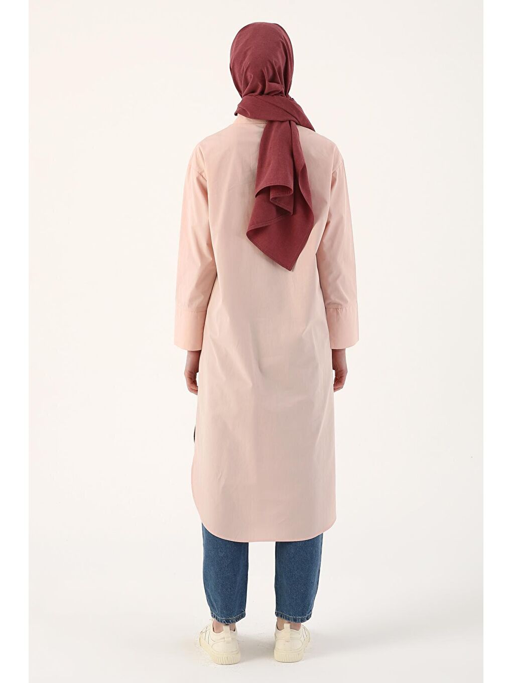 Pembe Pudra %100 Pamuk Yırtmaçlı Uzun Gömlek Tunik-3