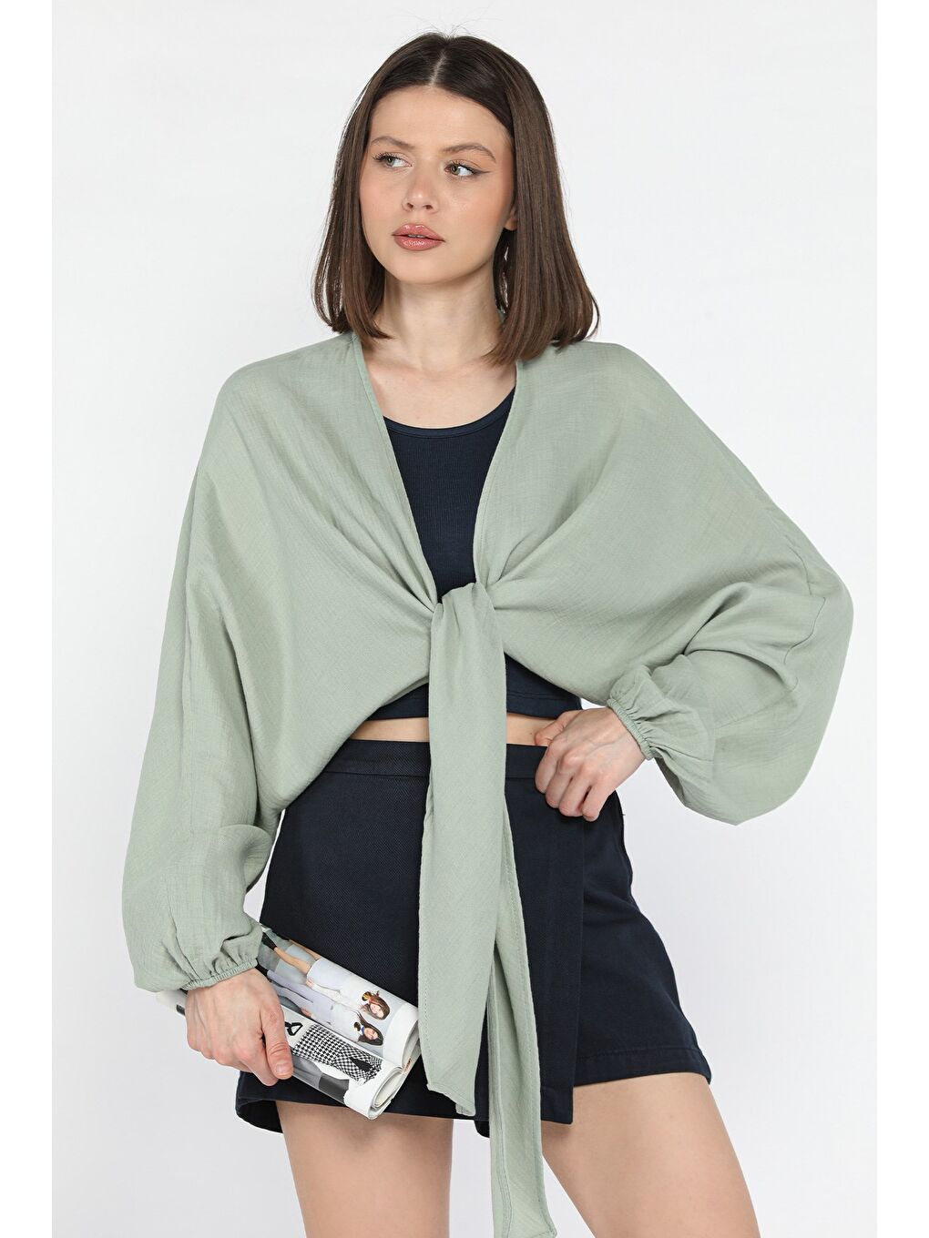 Yeşil Kadın Ön Bağlamalı Yarasa Kol Bluz