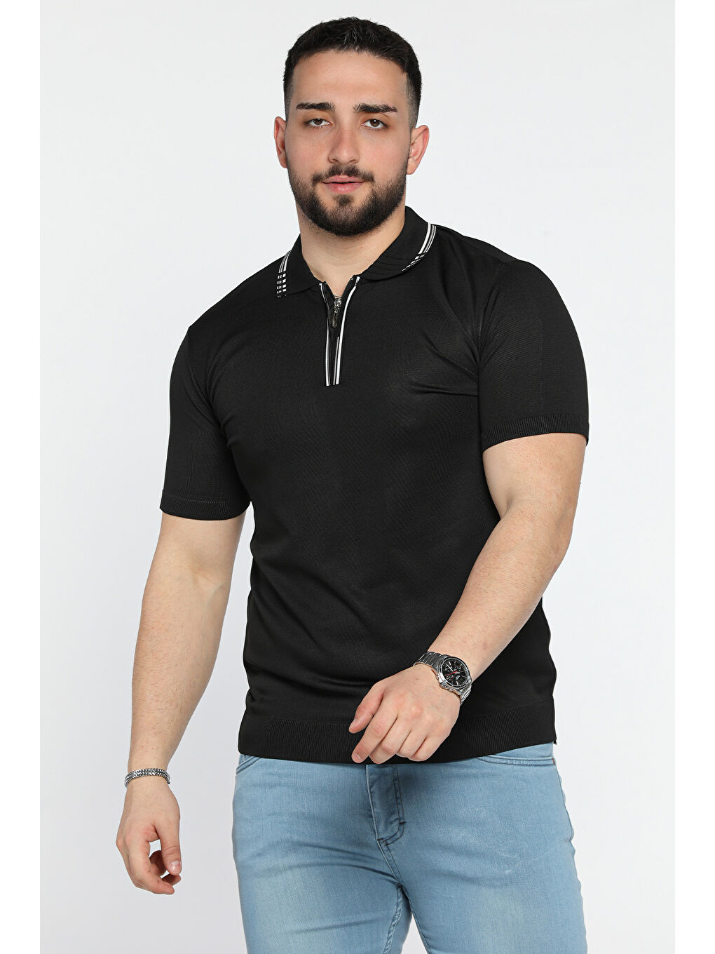 Siyah Erkek Yarım Fermuarlı Polo Yaka Triko Tişört-1