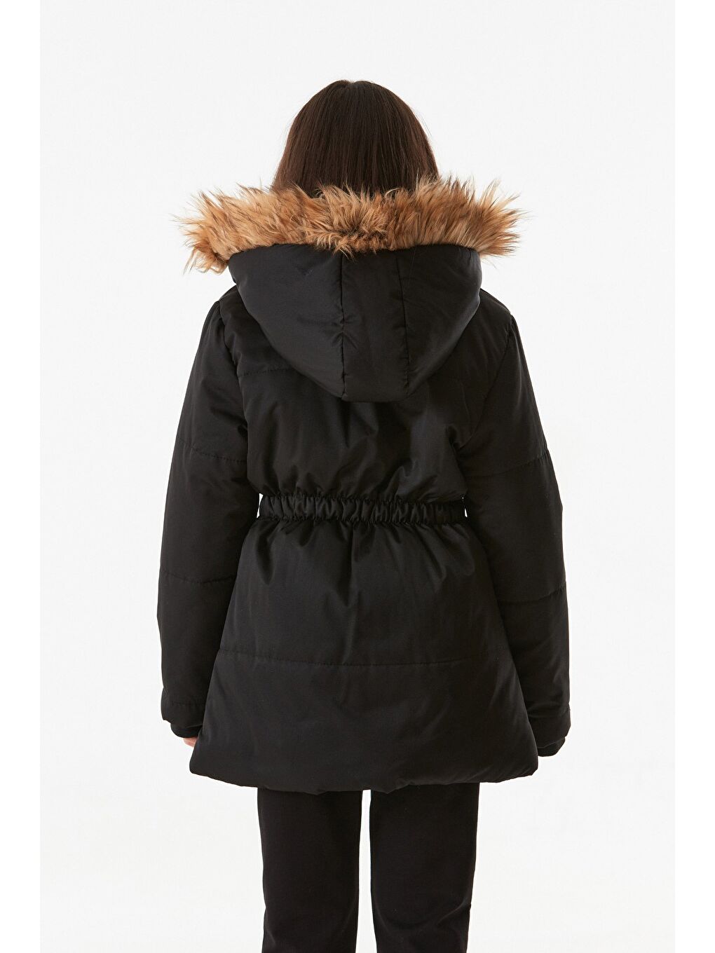 Siyah Çift Cepli Beli Lastikli Kapüşonlu Kız Çocuk Mont-3