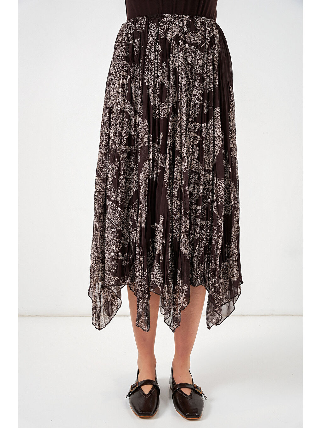 Kadın Asimetrik Tül Şifon Etek 8061 - Kahverengi-1