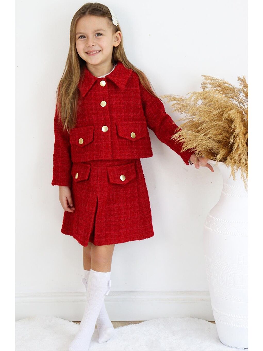 Kız Çocuk Kırmızı Carmen Tüvit 23 Nisan Bayram Etek Ceket Yılbaşı Takım-5
