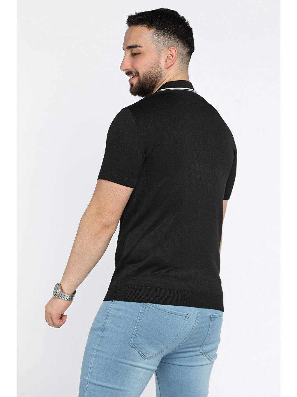 Siyah Erkek Yarım Fermuarlı Polo Yaka Triko Tişört-2