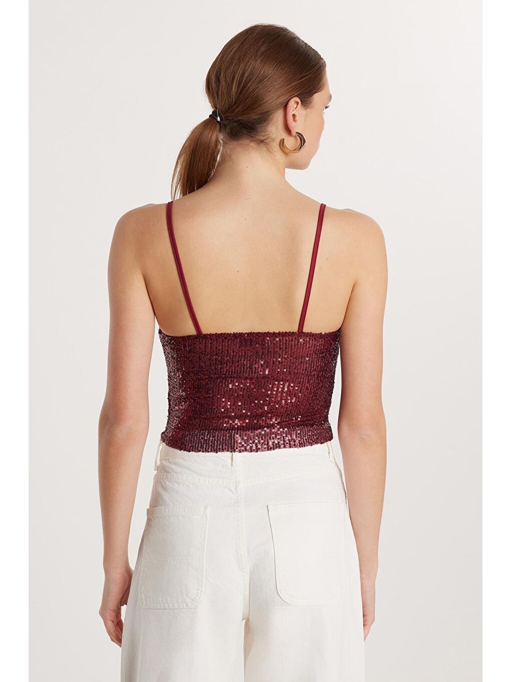 Kadın Slim Fit Dar Kesim Bordo Sıfır Kol U Yaka Bluz-4