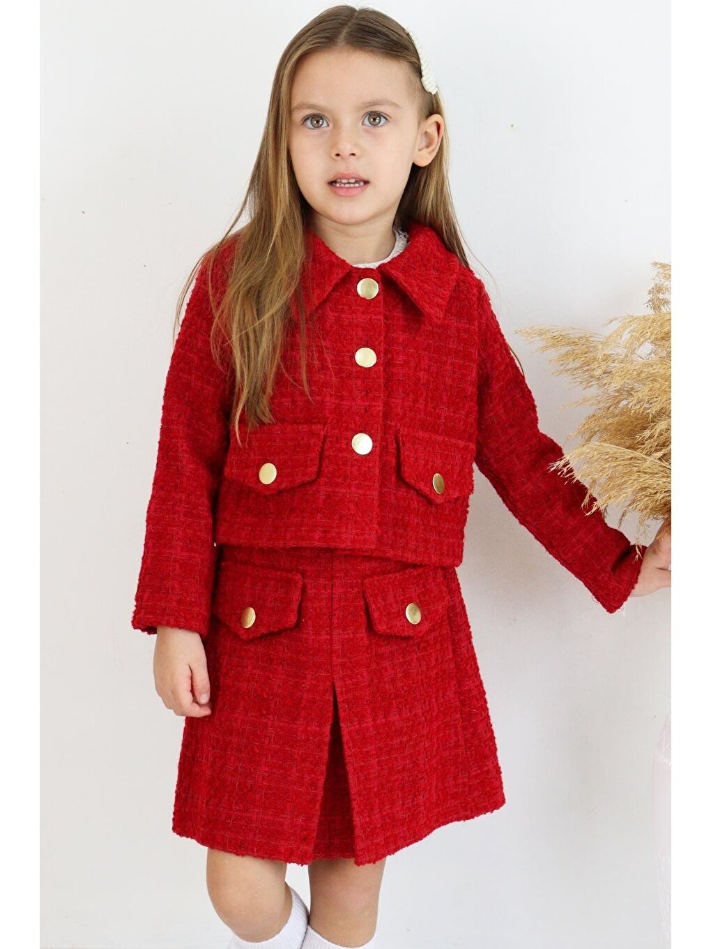 Kız Çocuk Kırmızı Carmen Tüvit 23 Nisan Bayram Etek Ceket Yılbaşı Takım-6