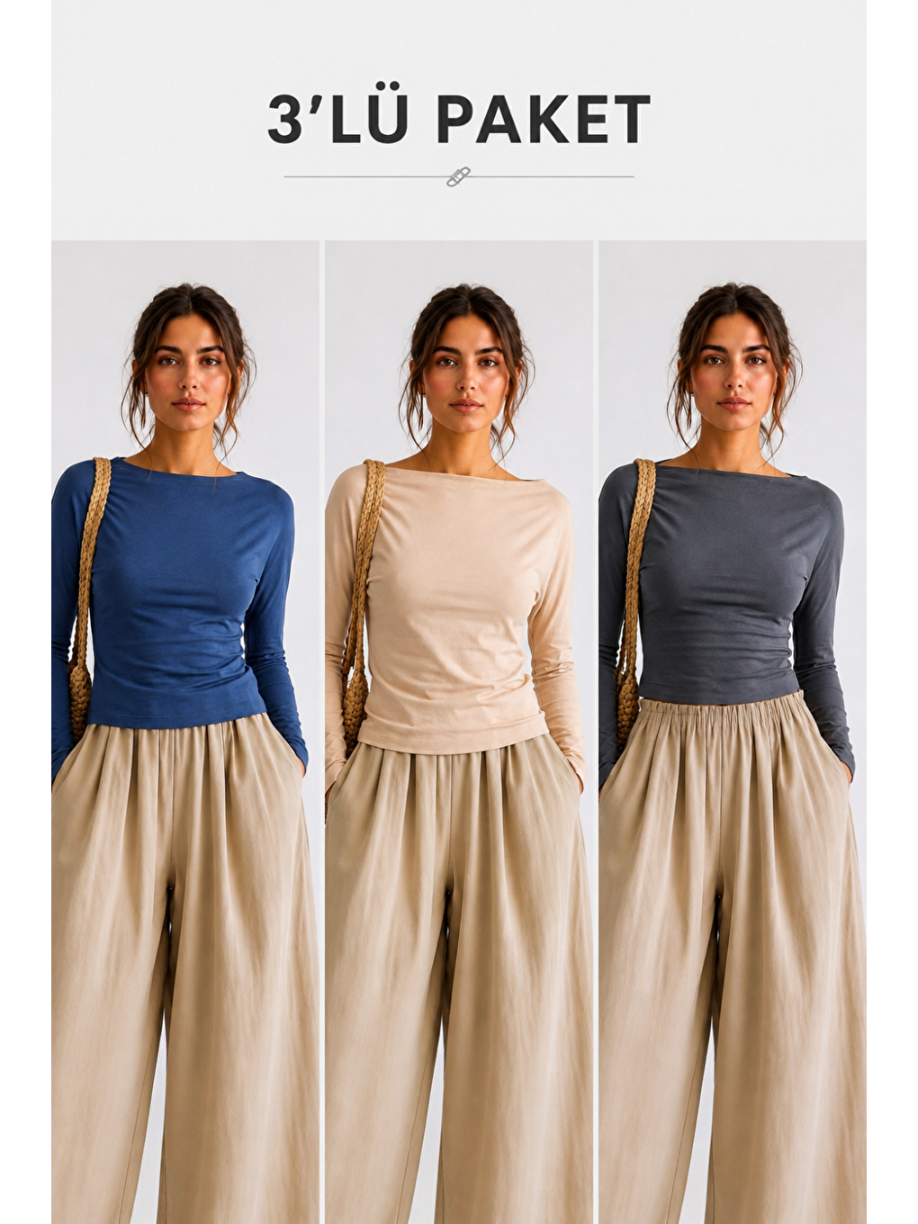 Gri Kadın Casual Pamuklu Uzun Kol 3 Lü Bluz