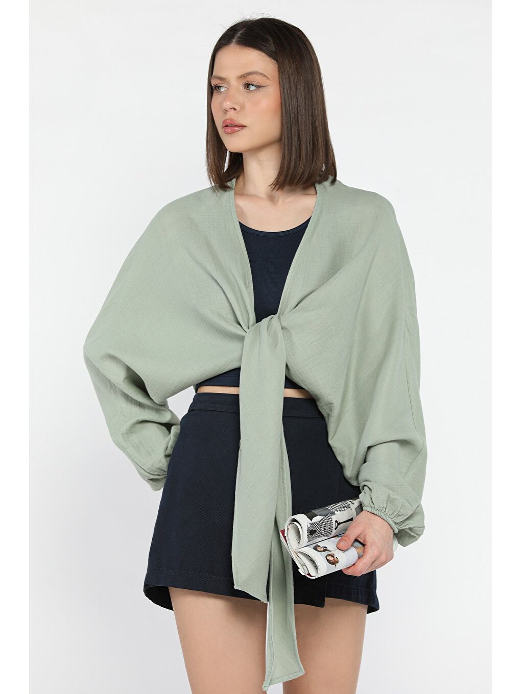 Yeşil Kadın Ön Bağlamalı Yarasa Kol Bluz-1