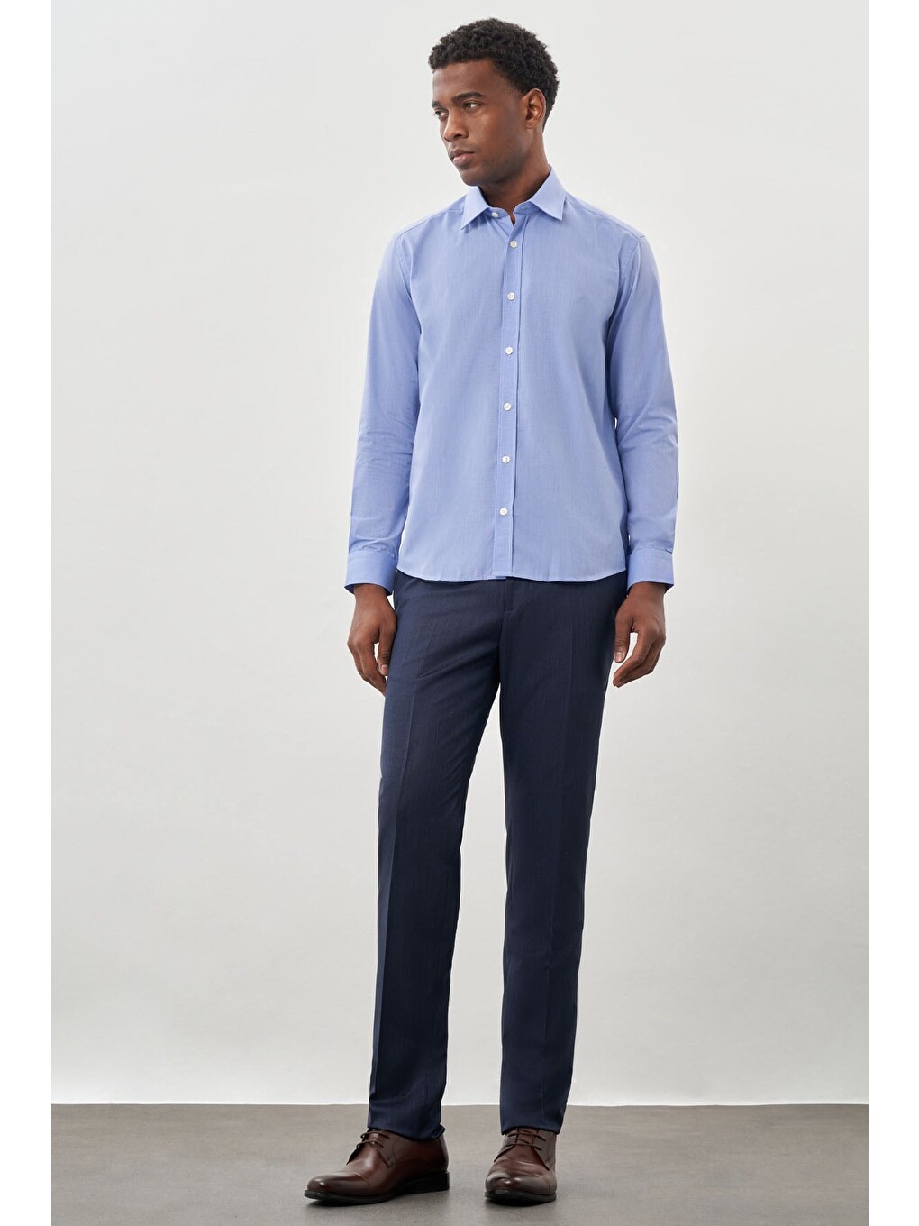 Mavi Sert Yaka Uzun Kol Filafil Slim Fit Pamuklu Gömlek 1004260008-1
