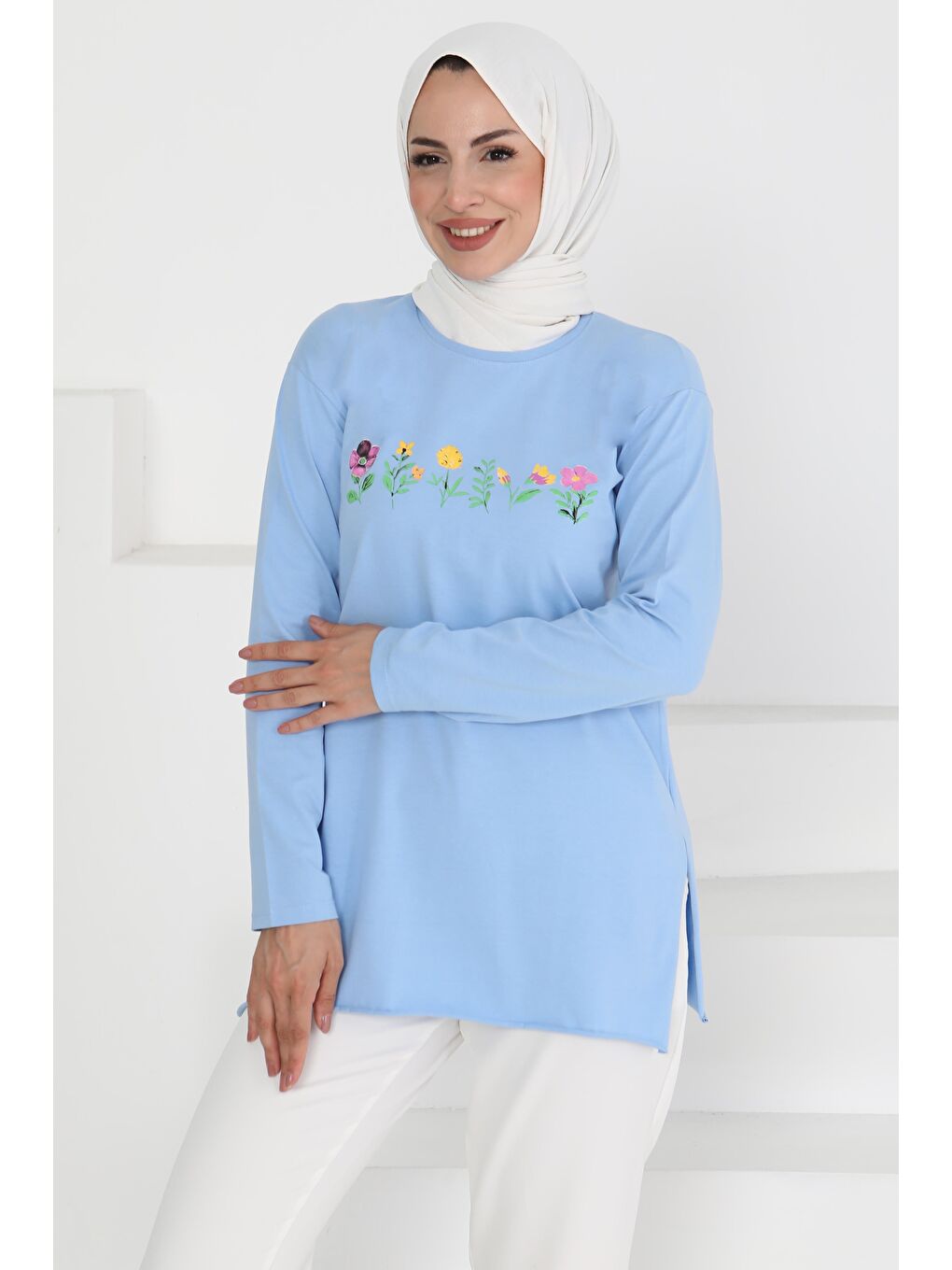 Kadın Bisiklet Yaka Çiçek Baskılı Tunik Bebe Mavi - 27197