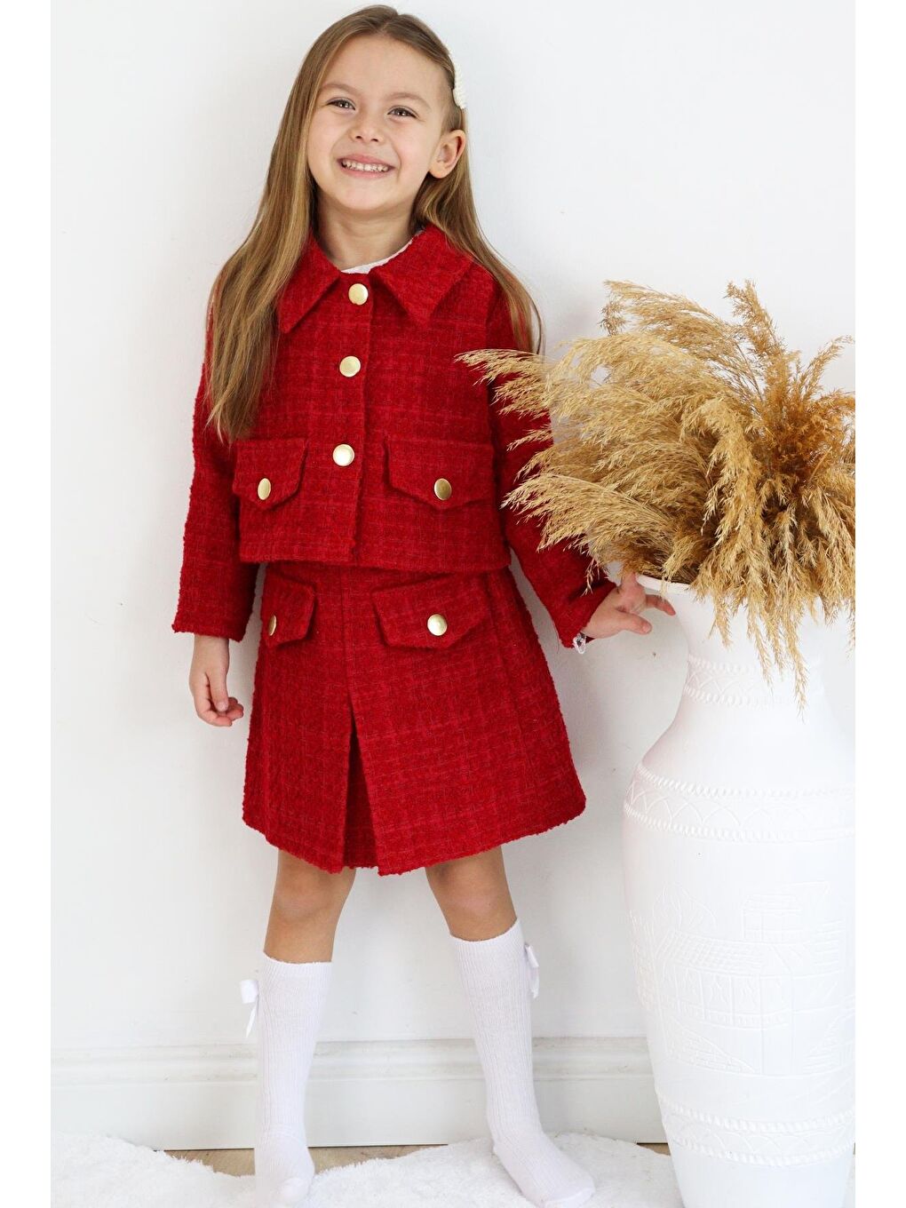 Kız Çocuk Kırmızı Carmen Tüvit 23 Nisan Bayram Etek Ceket Yılbaşı Takım-7