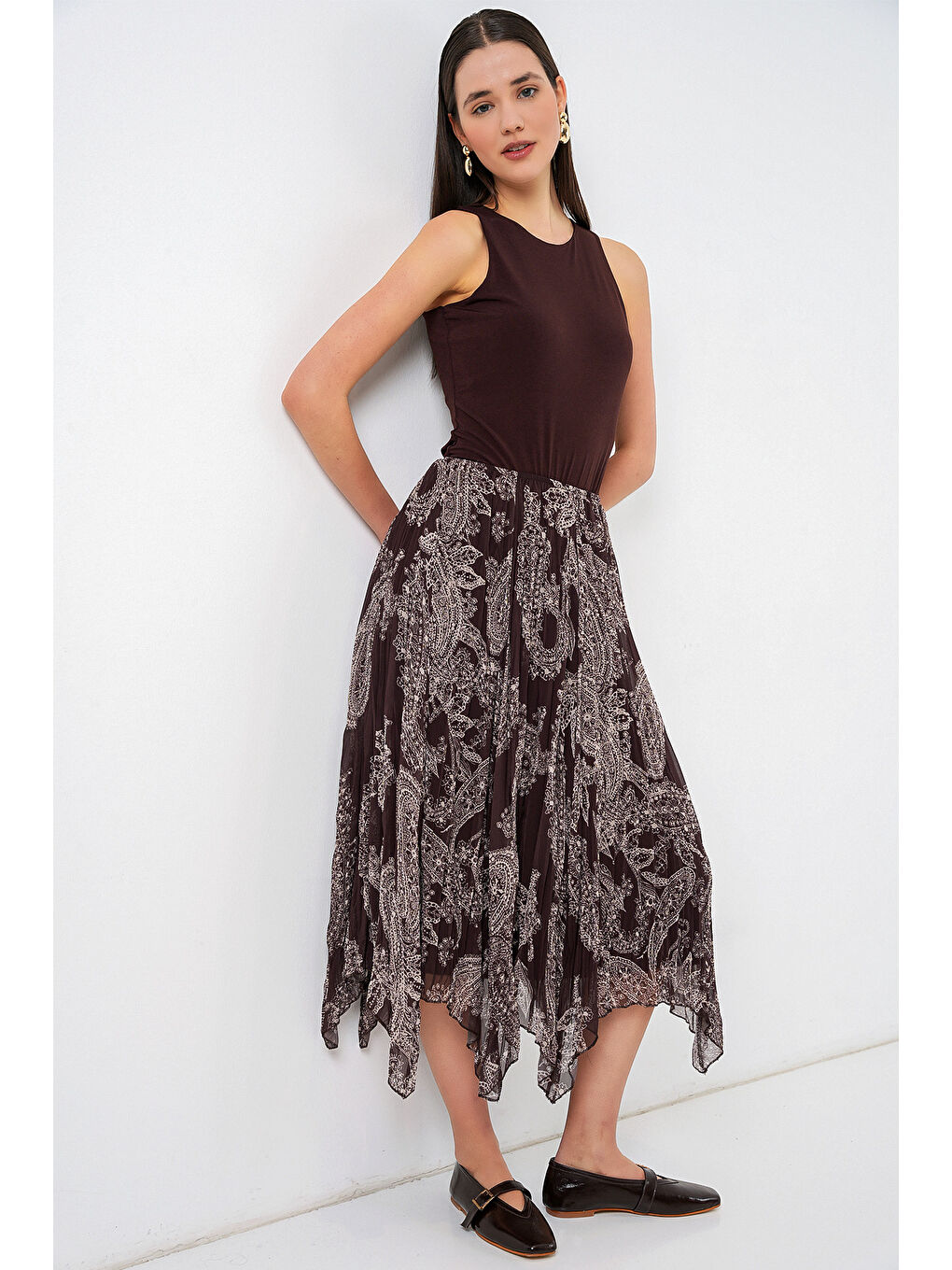 Kadın Asimetrik Tül Şifon Etek 8061 - Kahverengi-2