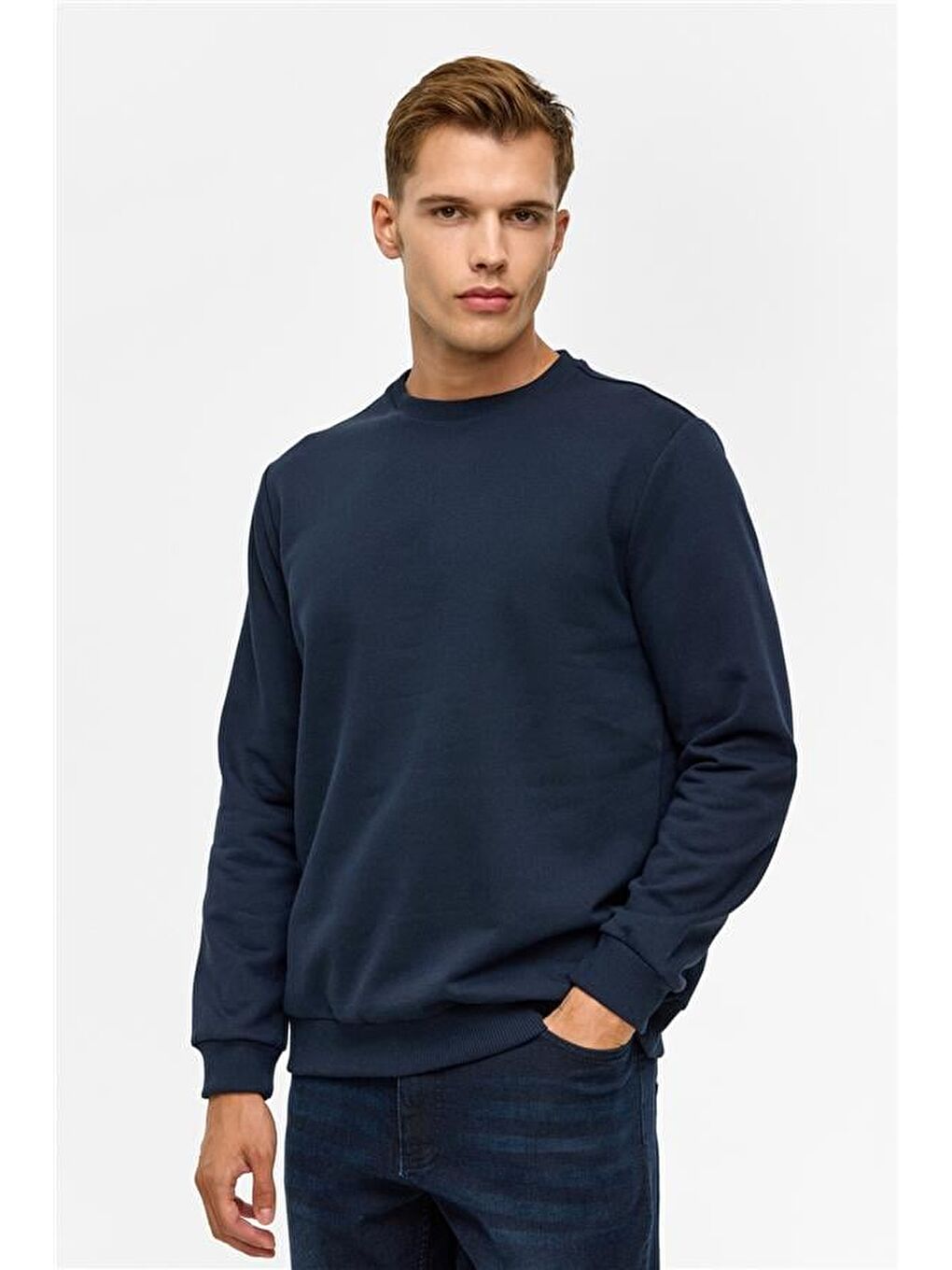 Lacivert Regular Düz Bisiklet Yaka Sweatshirt