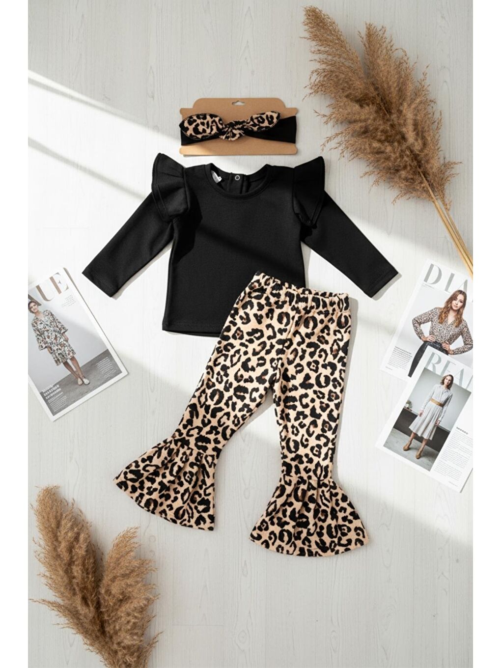 Siyah Kız Çocuk Leopar İspanyol Uzun Kollu Alt Üst Bandana Takım-2
