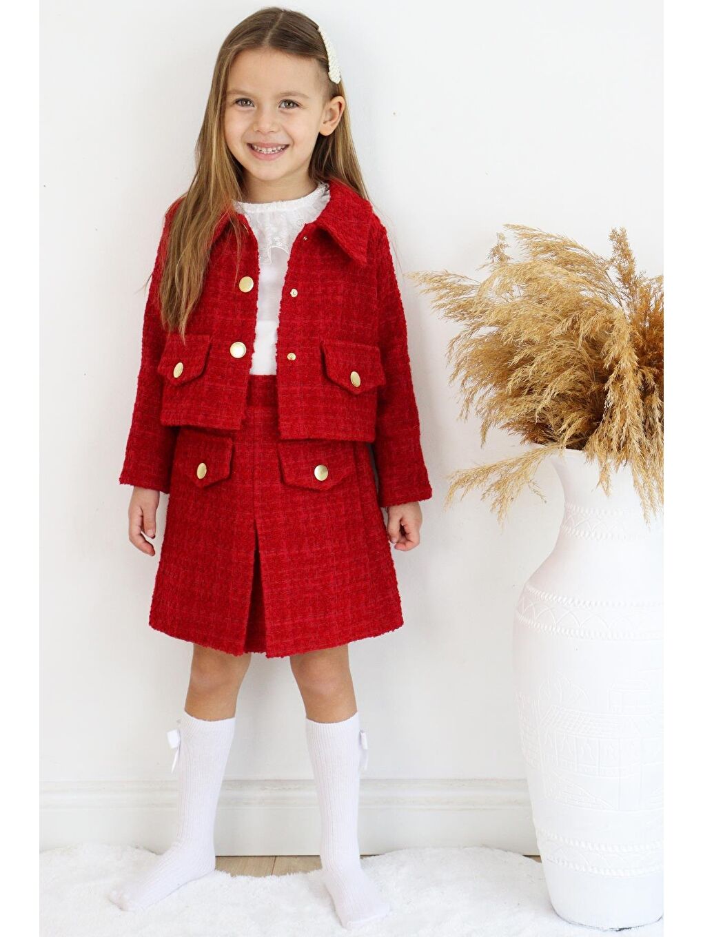 Kız Çocuk Kırmızı Carmen Tüvit 23 Nisan Bayram Etek Ceket Yılbaşı Takım-8