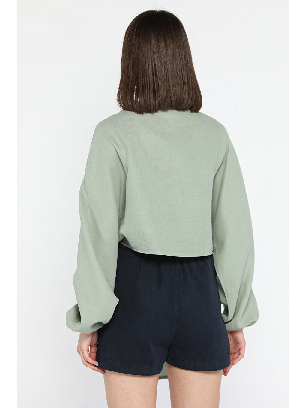 Yeşil Kadın Ön Bağlamalı Yarasa Kol Bluz-2