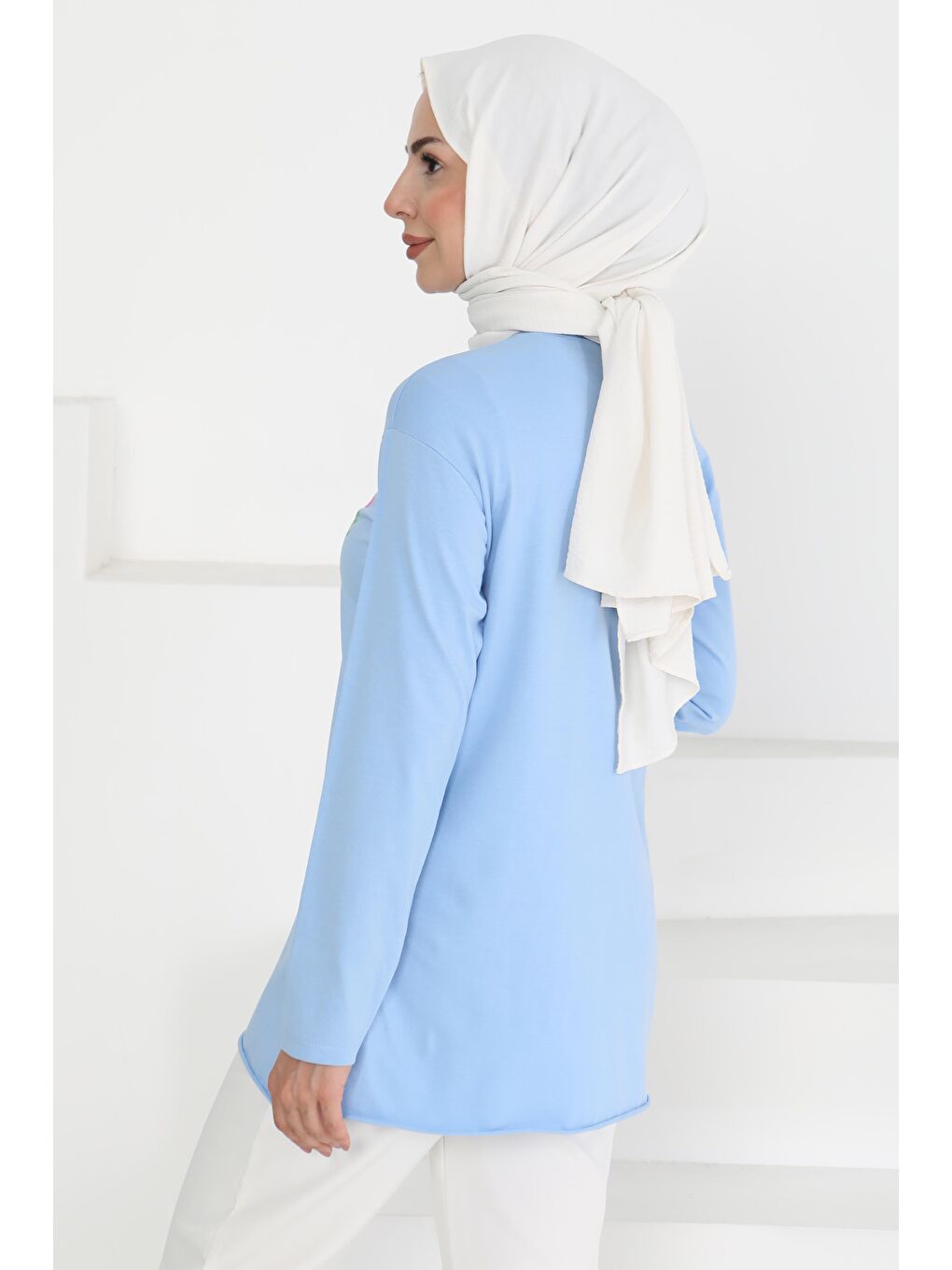 Kadın Bisiklet Yaka Çiçek Baskılı Tunik Bebe Mavi - 27197-3