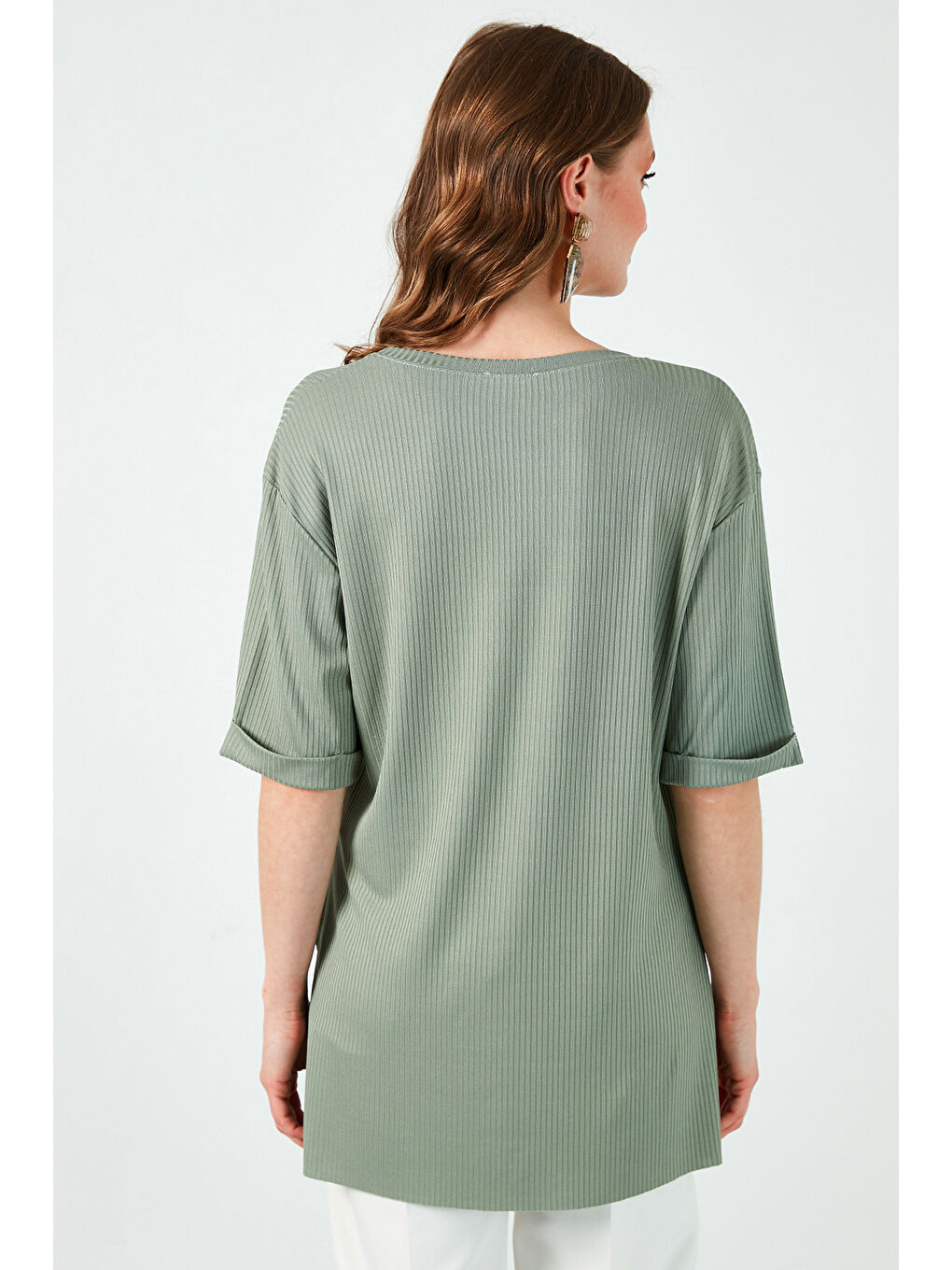 Yeşil Oversize Bisiklet Yaka Yırtmaç Detaylı Bluz 5869000-5