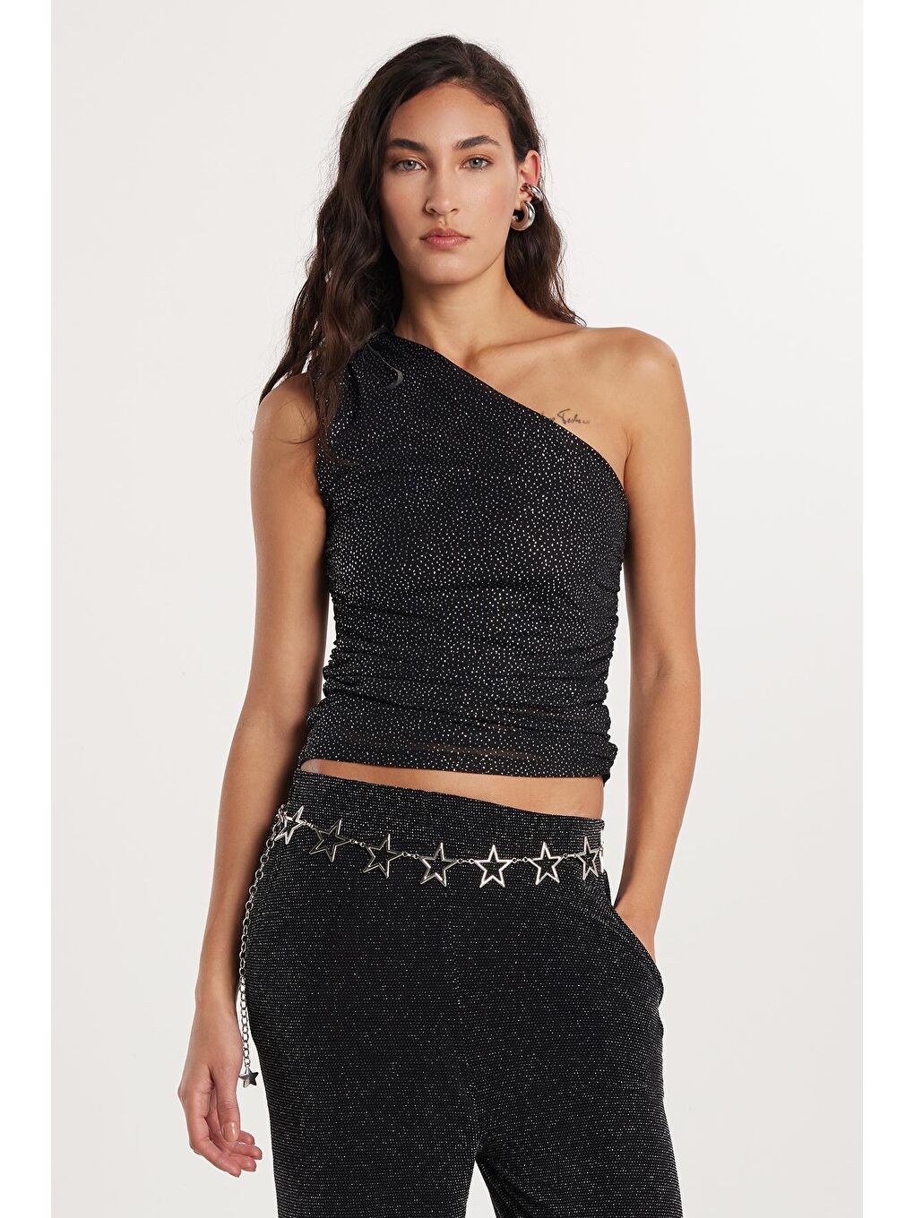 Karışık Kadın Slim Fit Dar Kesim Tek Omuz Askılı Siyah Bluz-1