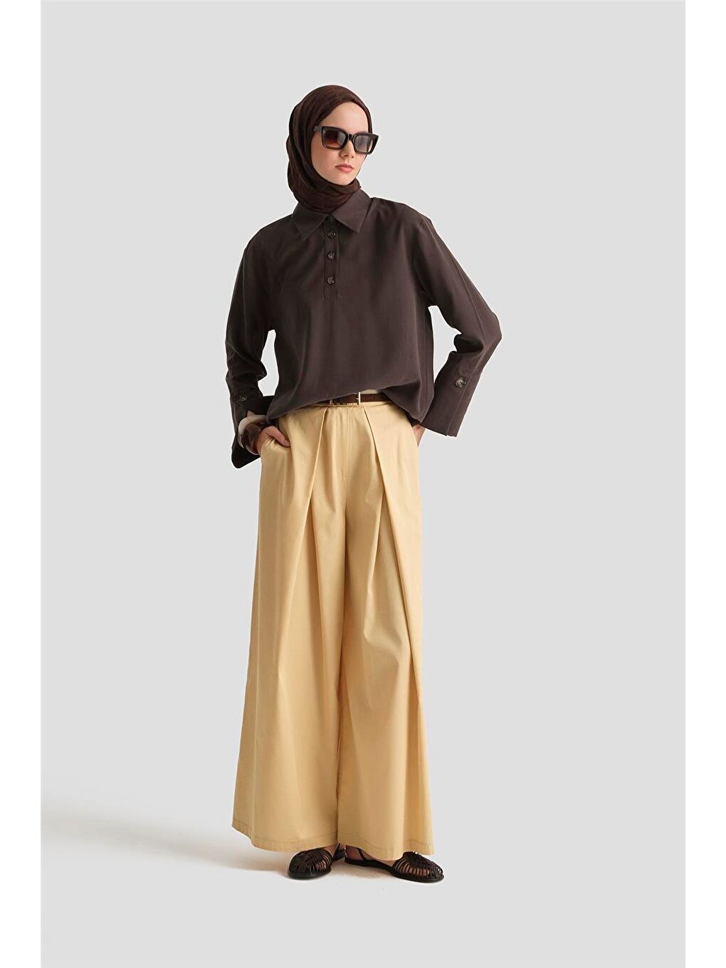 Polo Yaka Lyocell Bluz 25Y3736 Kahverengi