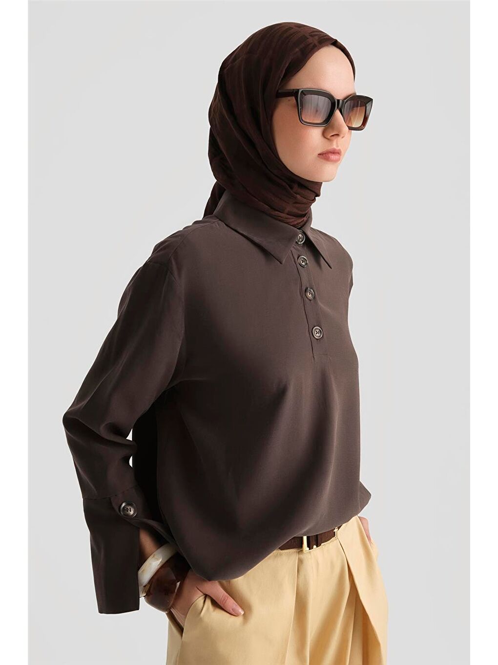 Polo Yaka Lyocell Bluz 25Y3736 Kahverengi-1
