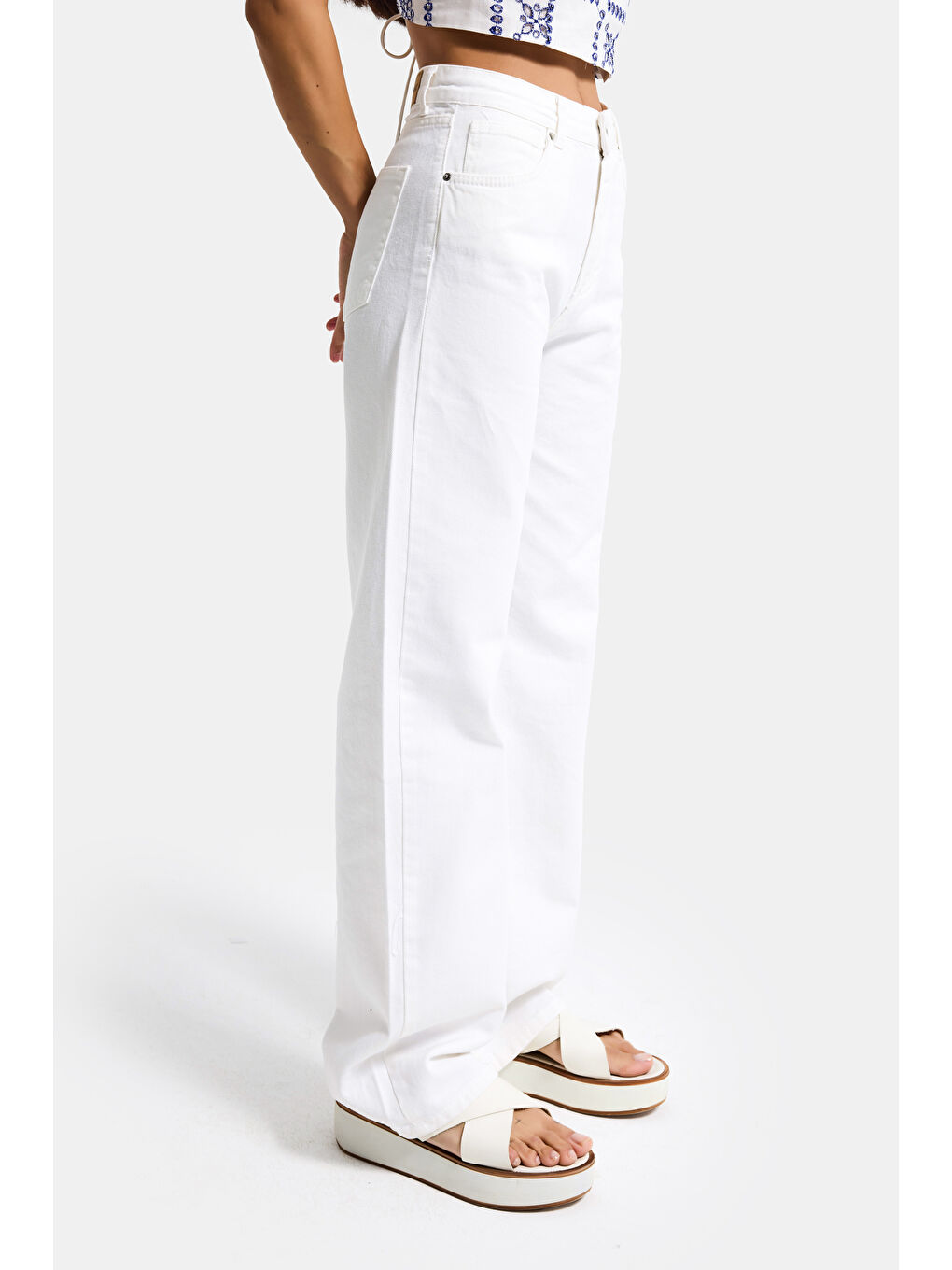 Kadın Kırık Beyaz Doris 7s6-101 Straight Fit Yüksek Bel %100 Pamuk Denim Jean-1