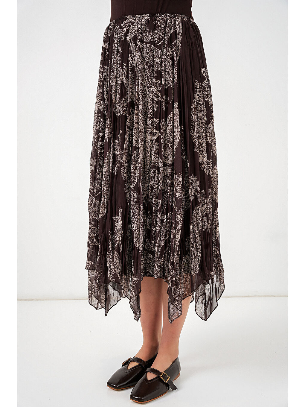 Kadın Asimetrik Tül Şifon Etek 8061 - Kahverengi-4