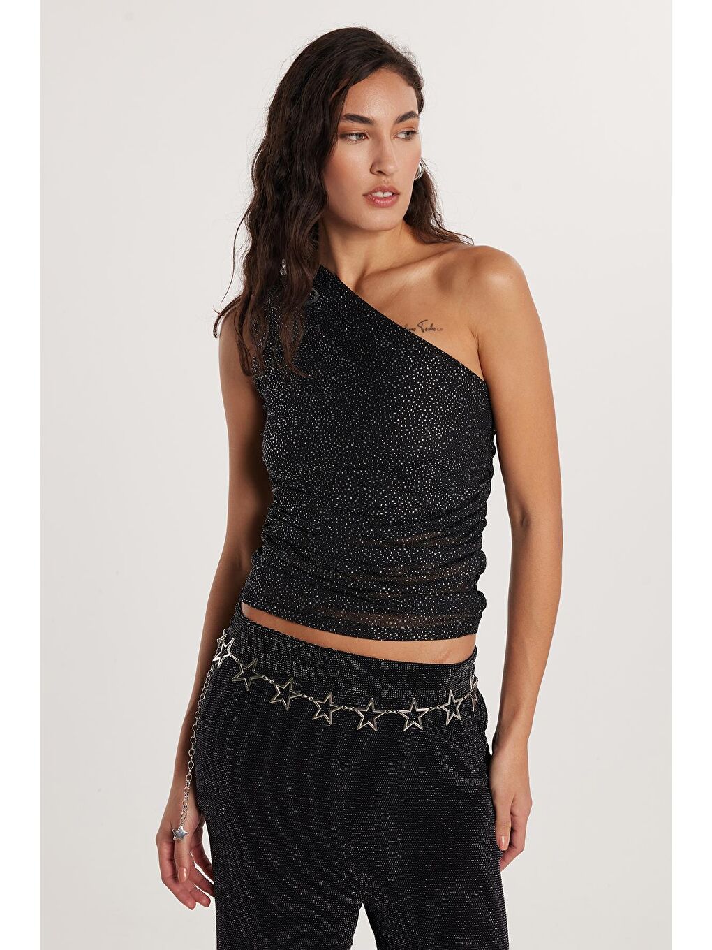 Karışık Kadın Slim Fit Dar Kesim Tek Omuz Askılı Siyah Bluz-3