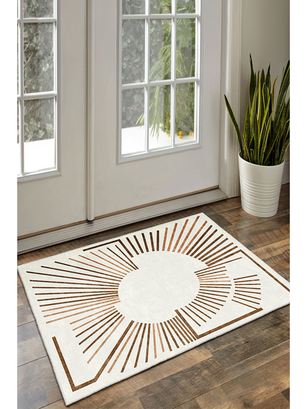 Ekru Dekoratif Özel Tasarım Yıkanabilir İnce Kaymaz Tabanlı Modern Halı KECE FR48-2