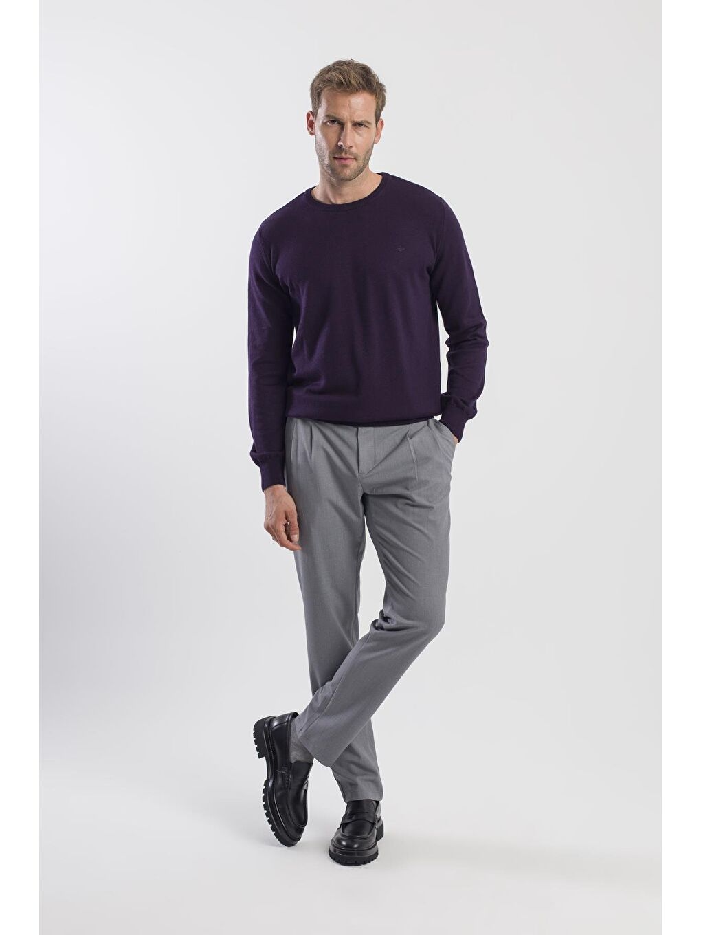 Gri Comfort Fit Çift Cep Kapaklı Pileli Yan Cep Pantolon-1