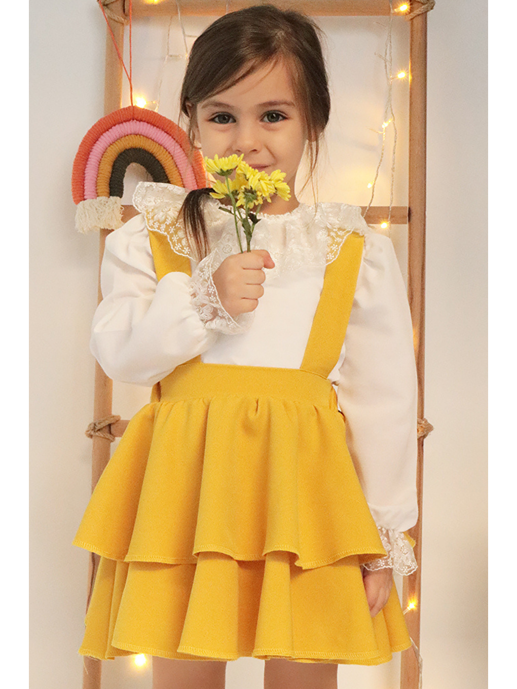 Kız Çocuk Helen Sarı Askılı Bağlama Jile 29 Ekim Elbise Ekru Dantel Uzun Kollu Bluz Abiye Takım-1