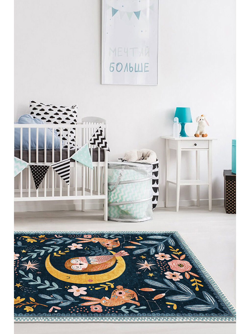 Lacivert Dekoratif Özel Tasarım Yıkanabilir İnce Kaymaz Tabanlı Modern Halı KECE FR44-2