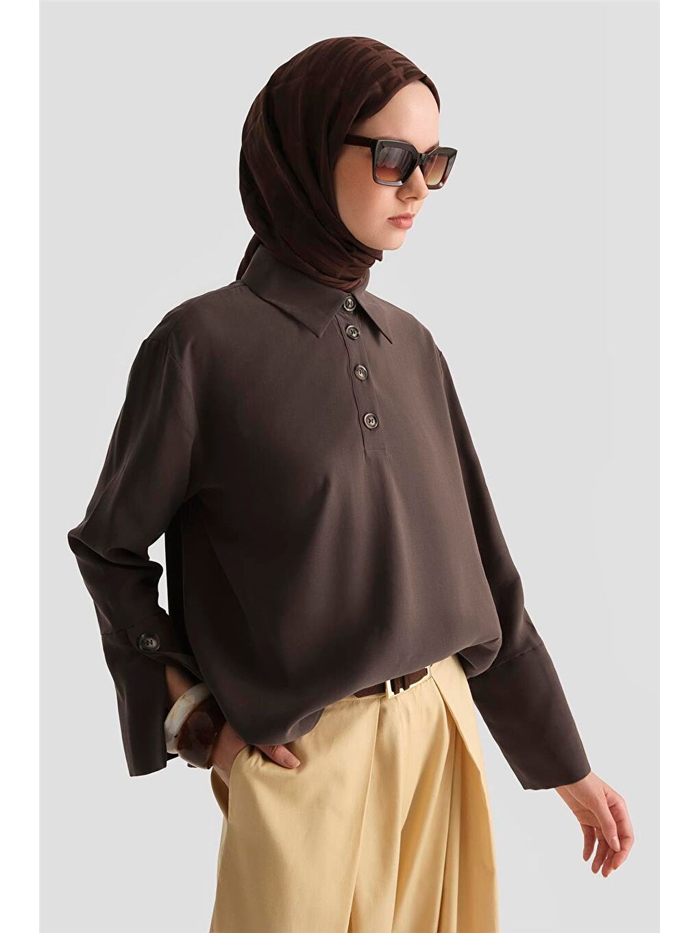 Polo Yaka Lyocell Bluz 25Y3736 Kahverengi-3