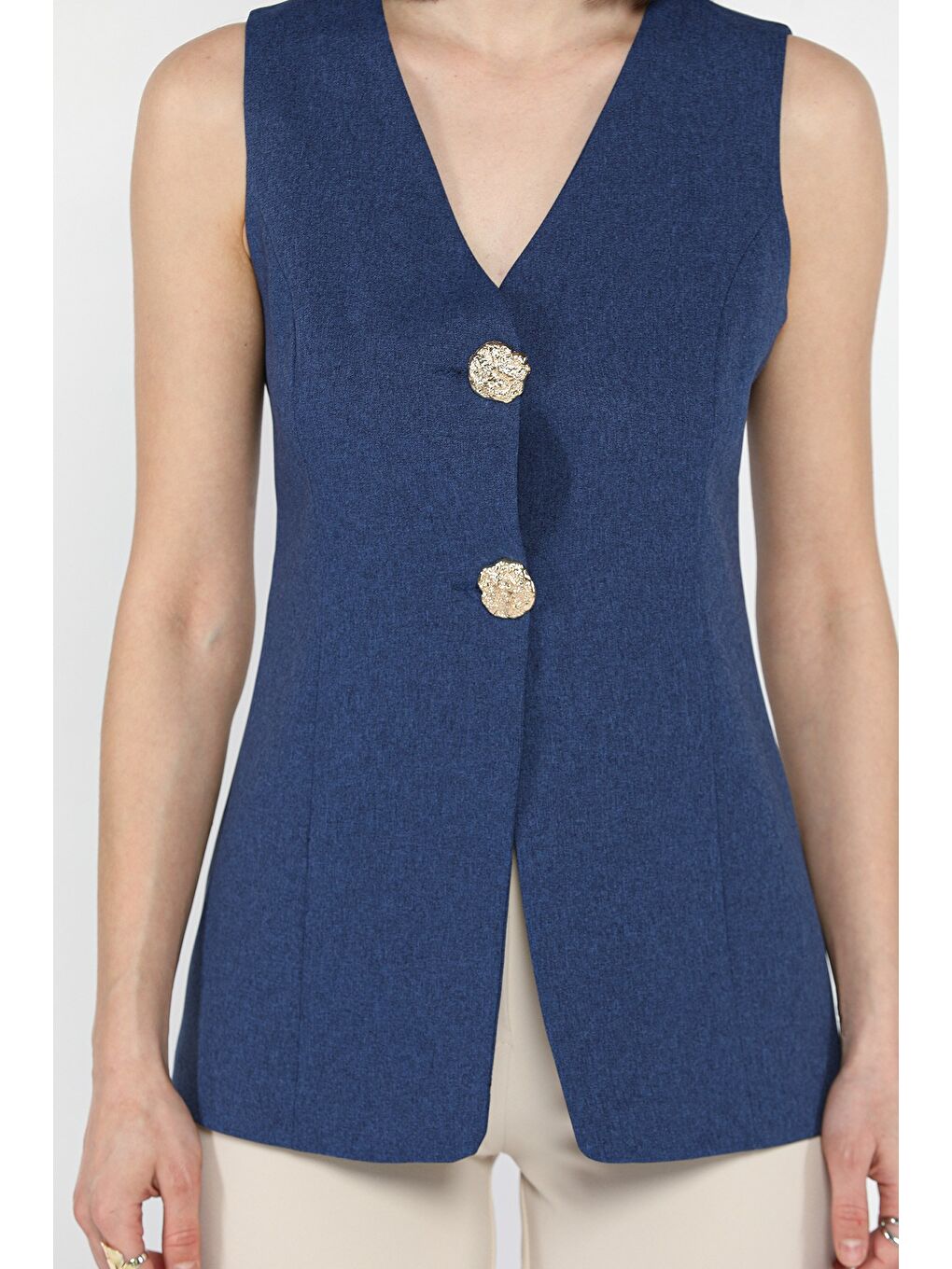 Lacivert Astarlı Düğme Detaylı Kadın Yelek-3
