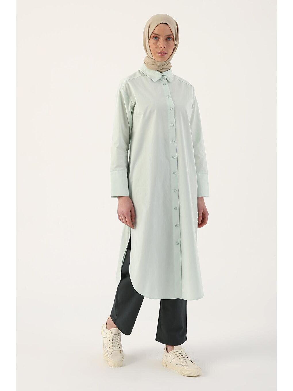 Turkuaz Su Yeşili %100 Pamuk Yırtmaçlı Uzun Gömlek Tunik-1