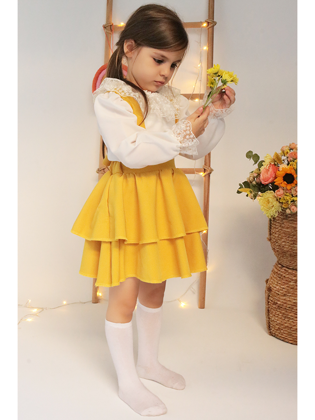 Kız Çocuk Helen Sarı Askılı Bağlama Jile 29 Ekim Elbise Ekru Dantel Uzun Kollu Bluz Abiye Takım-2