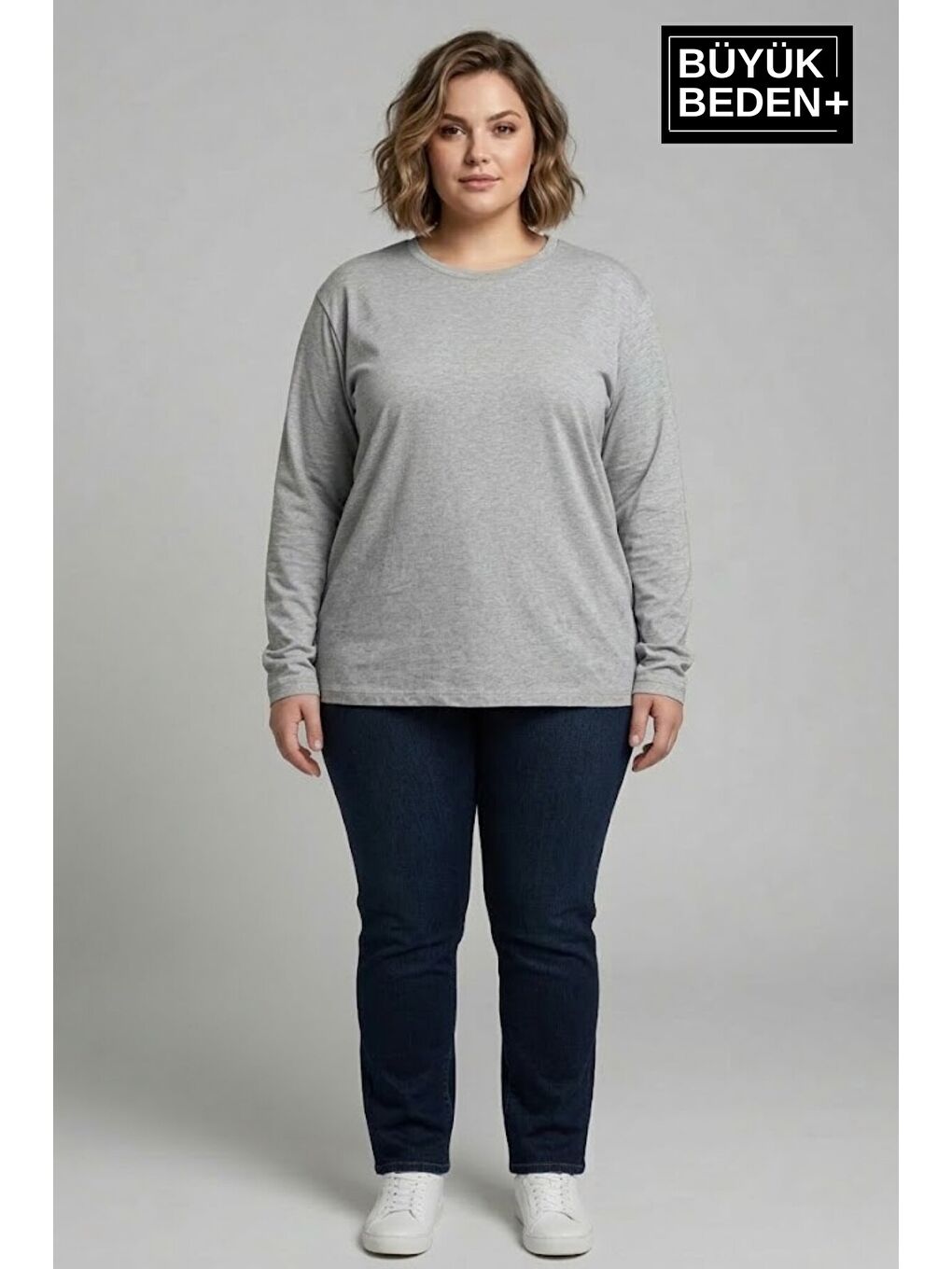 Gri Kadın Büyük Beden 2'li Set Uzun Kollu 2 İplik Bisiklet Yaka Tişört SPR26BEA942+2-1