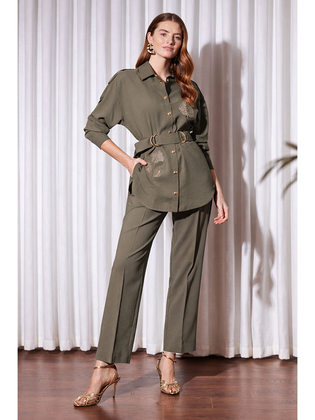 Missemramiss Flower Touch Kemerli Takım 5125 Haki Yeşil-2